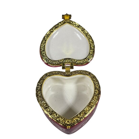 Heart-Shaped Ceramic Trinket Box Gold Hinged Lid White Floral valentine love - Picture 5 of 7